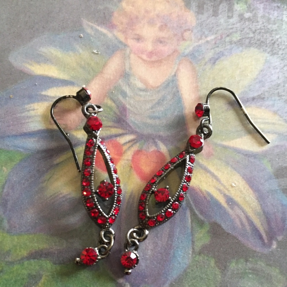 Drop Red Marcasite Vintage Pierced Earrings